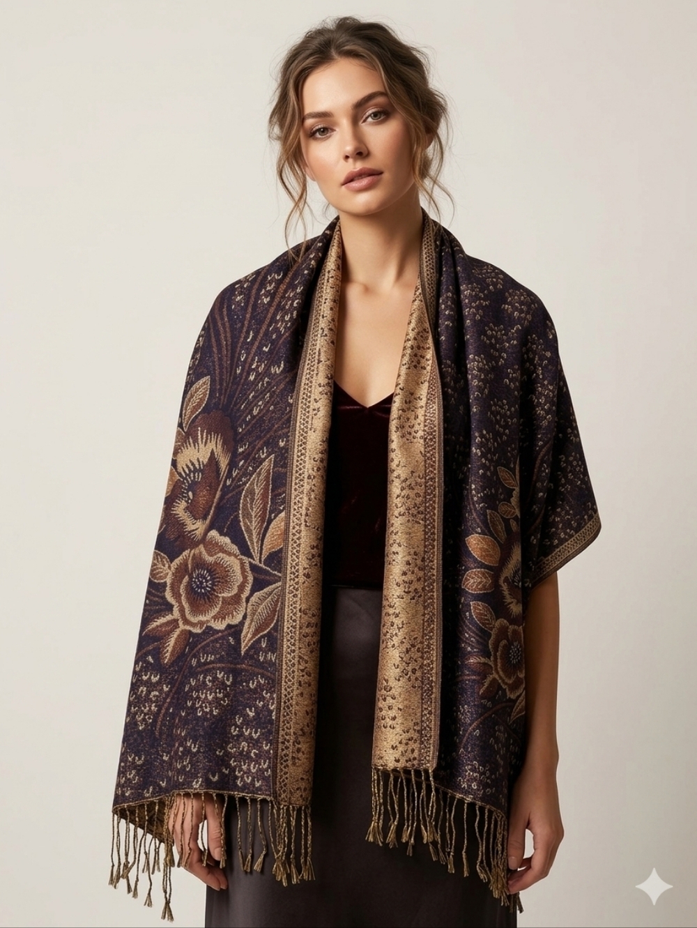 Reversible Pashmina Scarf Purple Navy Bronze Gold Floral Boho Wrap 70" x 27"